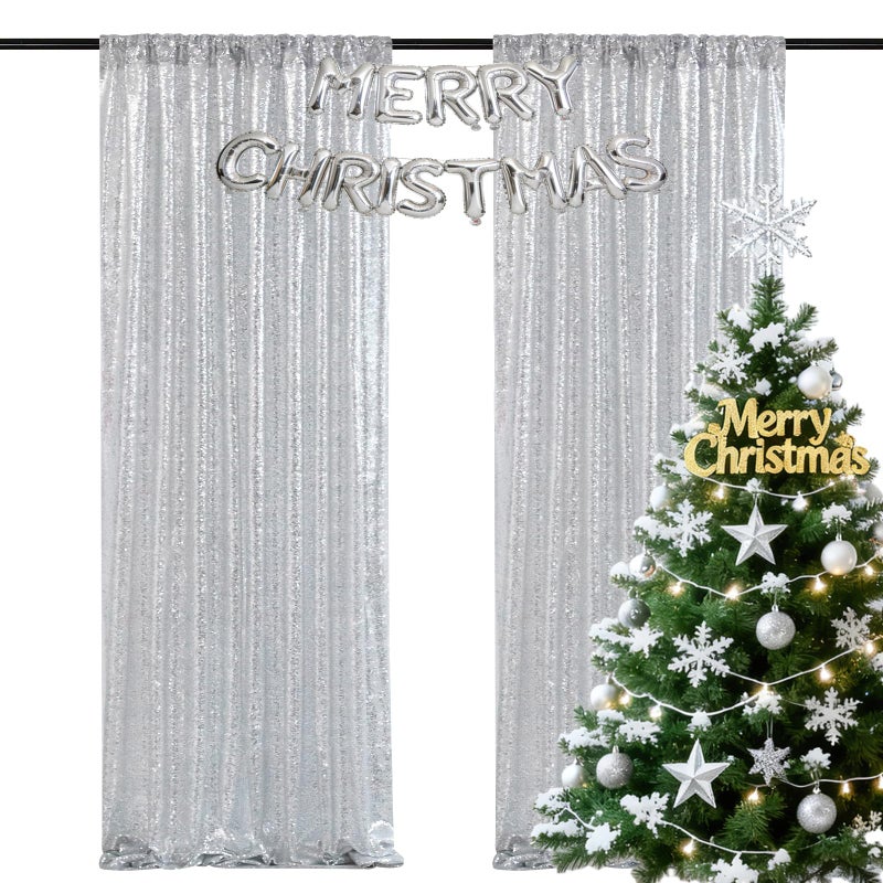 SoarDream Silver Sequin Backdrop Curtain Panels Stage 2 Pieces 2FTx8FT Sheer Silver Curtains Backdrop Photo Backdrop Curtains for Wedding Birthday Party Background Drapes Christmas Decorations - Image 1